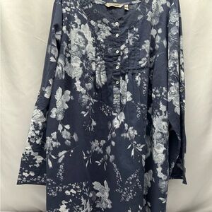 Soft Surroundings Navy and White Floral Blouse W 2X Roll Tab Sleeves Cotton